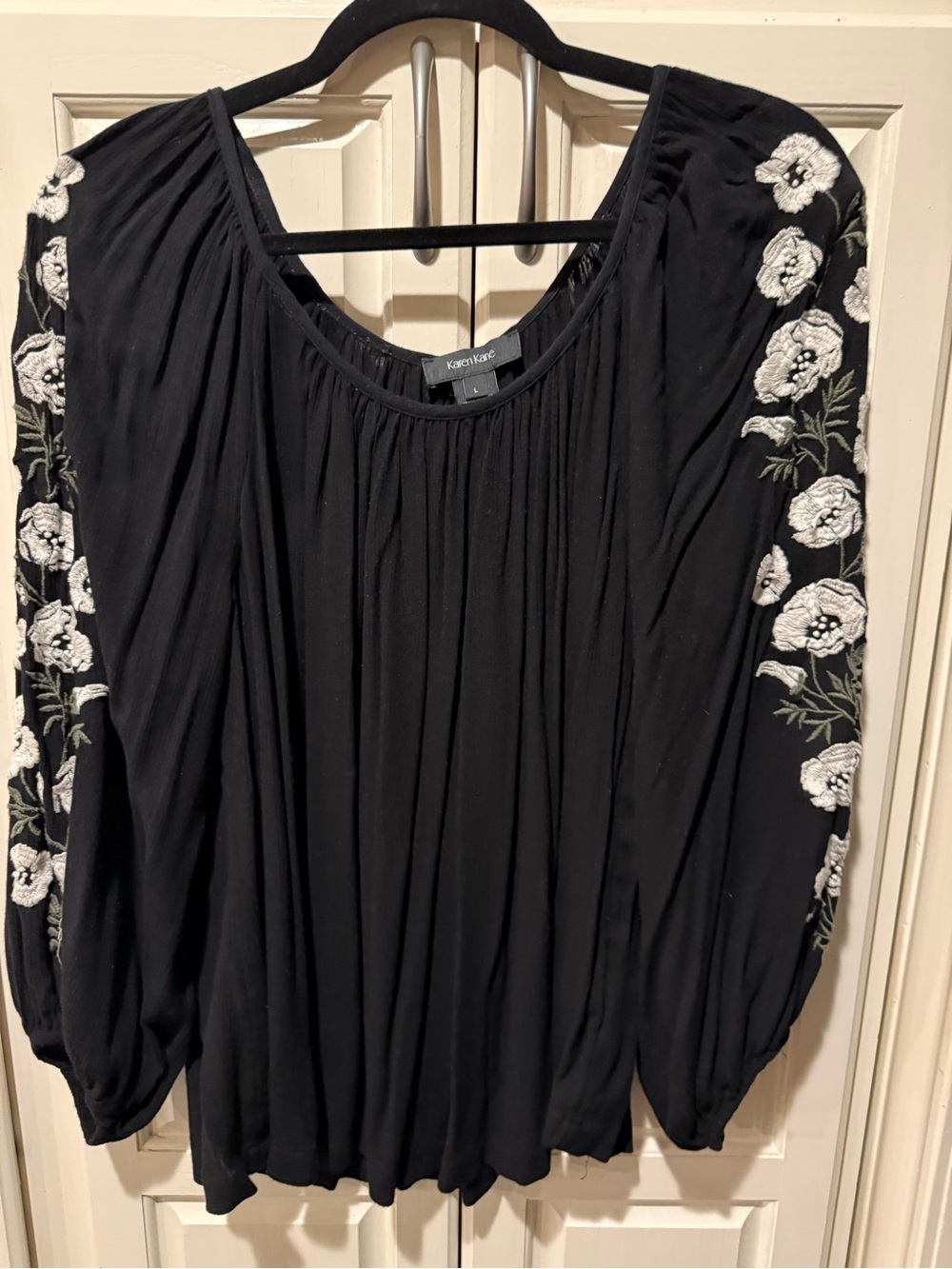 Karen Kane Black Peasant Blouse with White Floral Sleeve Embroidery